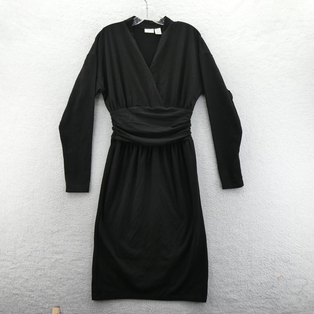 Spiegel Wrap Dress Women Size 10 Black Ruched Waist Long Sleeve Poly Rayon K1928